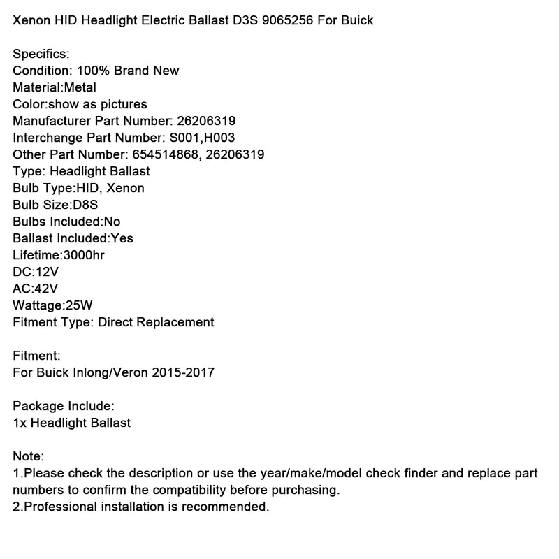 Xenon HID Headlight Electric Ballast D8S 26206319 For Buick Inlong Veron 15-17