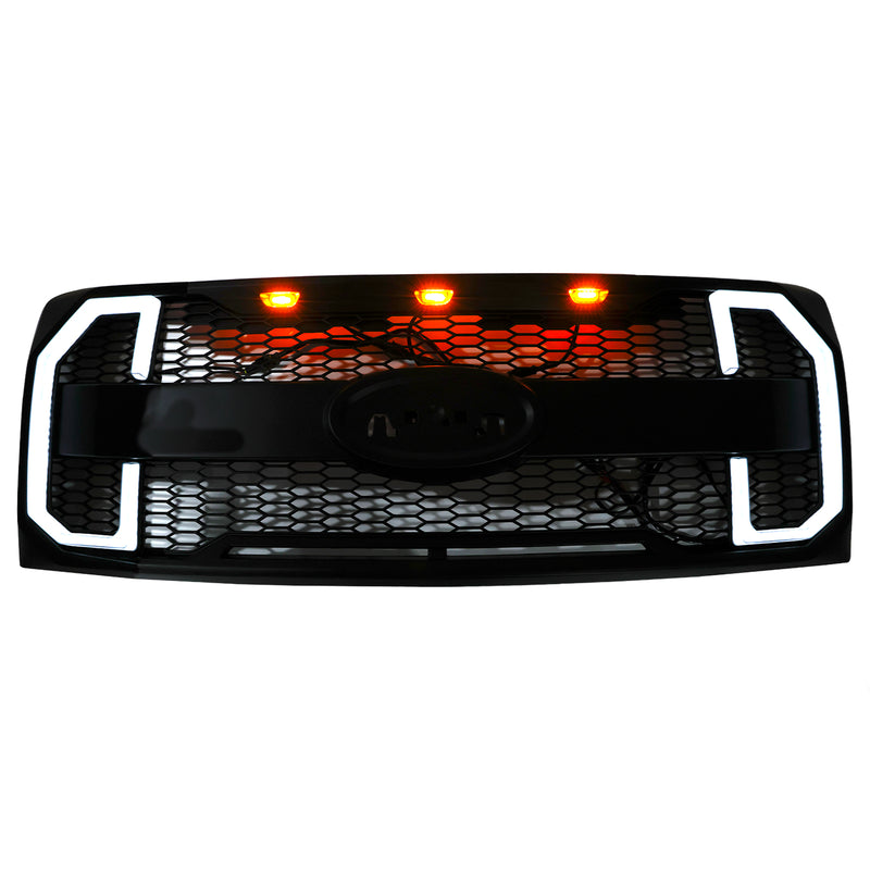 Matte Black Raptor Style Front Bumper Grille Grill Fit Ford F150 2009-2014 W/LED
