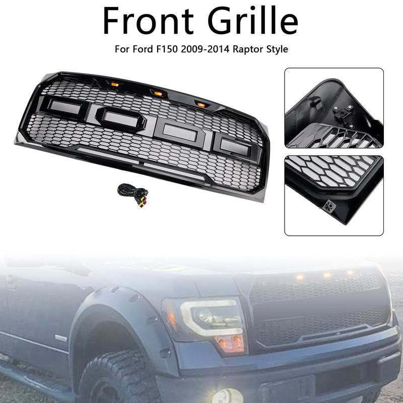 Gloss Black Raptor Style Front Bumper Grille Grill Fit Ford F150 2009-2014