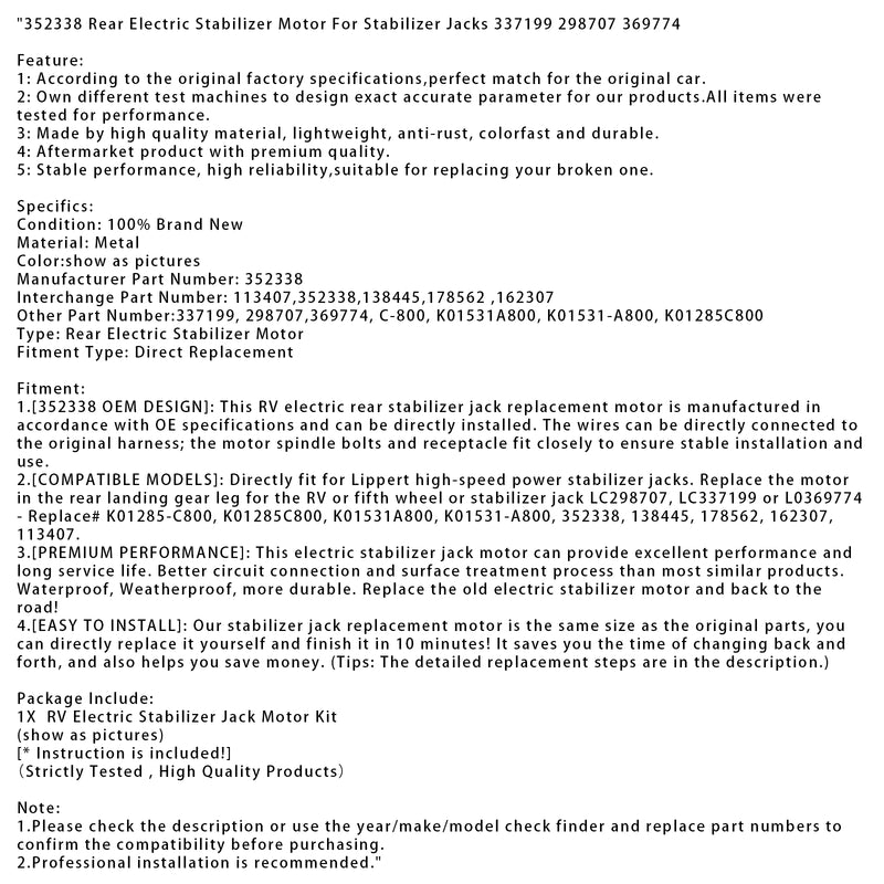 352338 Rear Electric Stabilizer Motor For Stabilizer Jacks 337199 298707 369774
