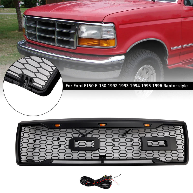 Matte Black Front Honeycomb Bumper Grille Grill Fit Ford F150 1992-1996 W/ Led