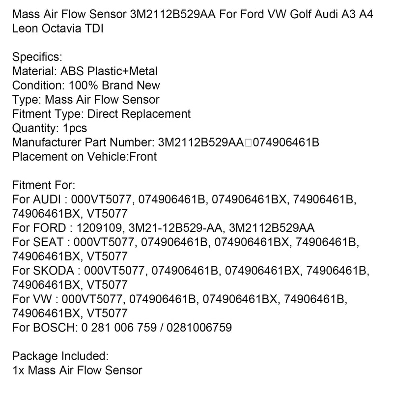 Mass Air Flow Sensor 3M2112B529AA For Ford VW Golf Audi A3 A4 Leon Octavia TDI