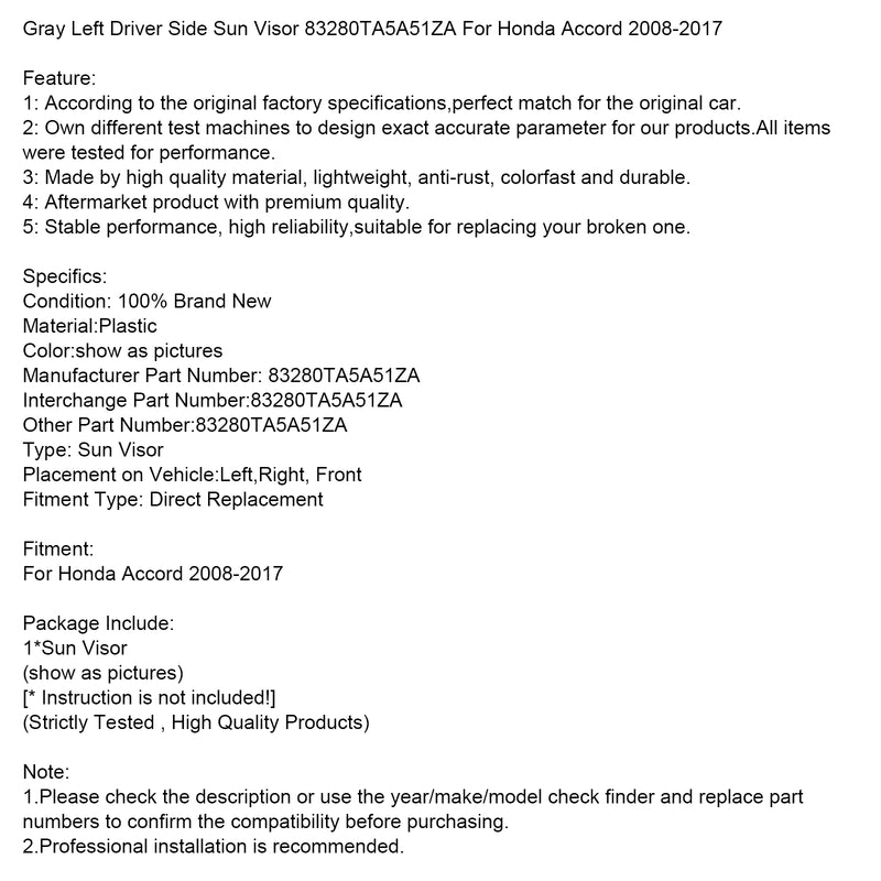 Gray Left Driver Side Sun Visor 83280TA5A51ZA For Honda Accord 2008-2017