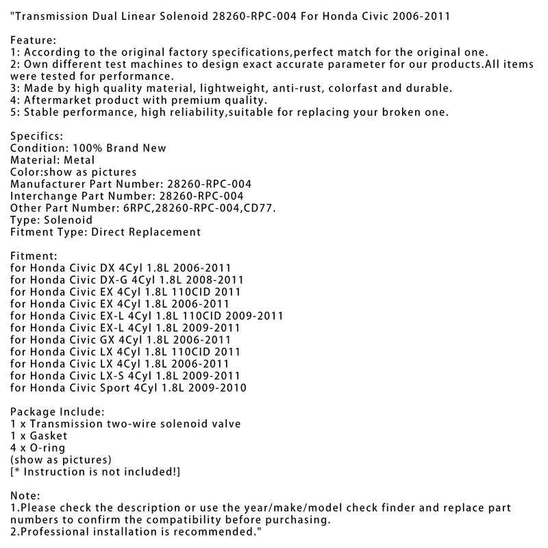 Transmission Dual Linear Solenoid 28260-RPC-004 For Honda Civic 2006-2011