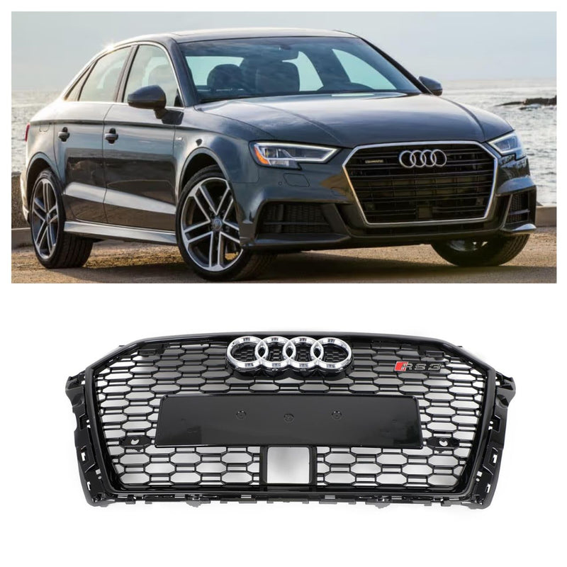 2017-2019 Audi A3 S3 Honeycomb Front Grille RS3 Style With ACC Gloss Black Generic