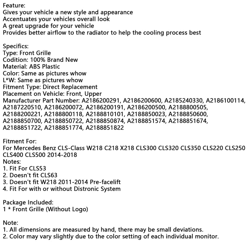 Front Bumper Grill Grille Fit Mercedes Benz CLS-Class W218 CLS350 2015-2018