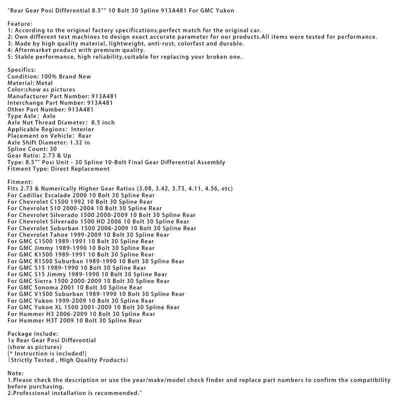 Rear Gear Posi Differential 8.5" 10 Bolt 30 Spline 913A481 For GMC Yukon