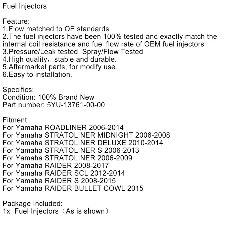 Fuel Injectors 5YU-13761-00-00 For YAMAHA Stratoliner Raider Roadliner