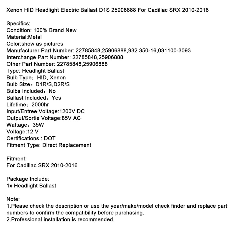 Xenon HID Headlight Electric Ballast D1S 25906888 For Cadillac SRX 2010-2016