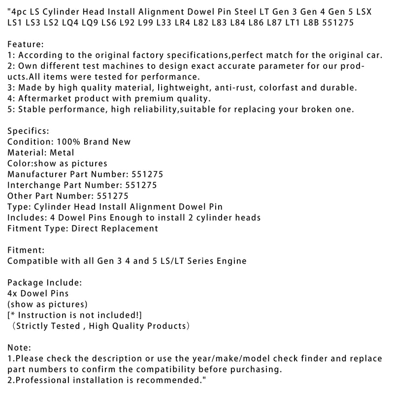 4pc LS Cylinder Head Install Alignment Dowel Pin Steel LT Gen 3 Gen 4 Gen 5 LSX