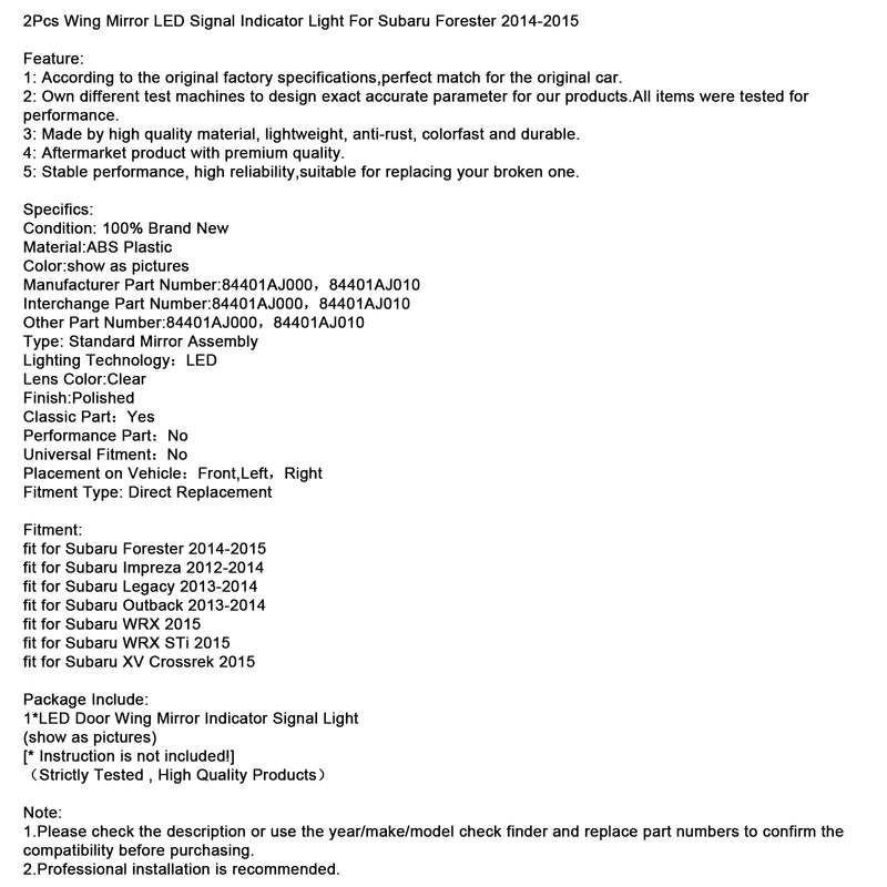 2Pcs Wing Mirror LED Signal Indicator Light For Subaru Forester 2014-2015