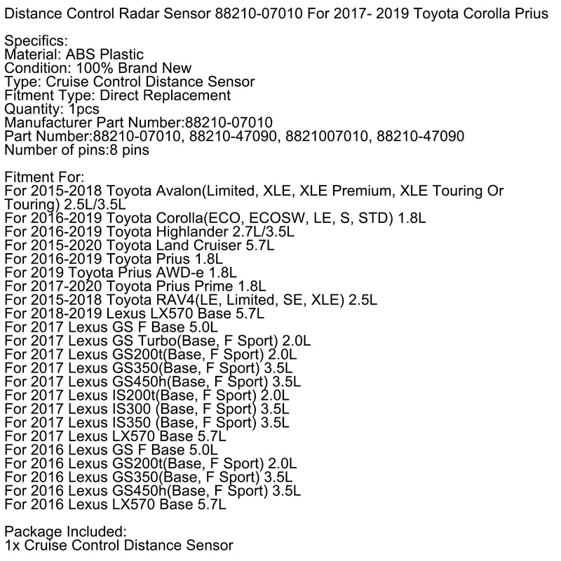 Distance Control Radar Sensor 88210-07010 For Toyota Corolla Prius 2017-2019