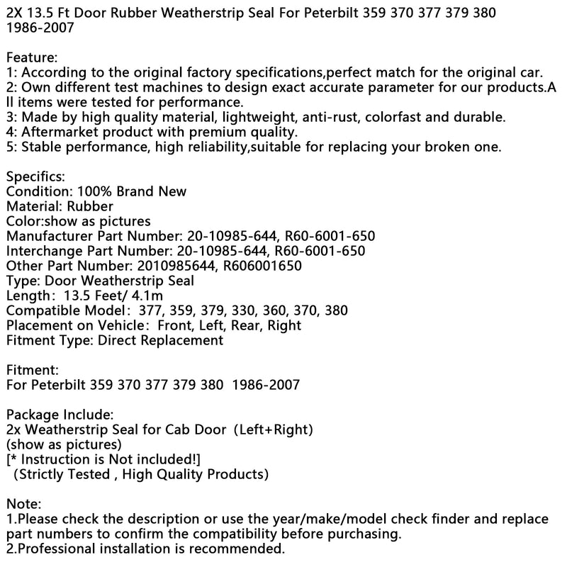 2X 13.5 Ft Door Rubber Weatherstrip Seal For Peterbilt 359 370 377 379 380