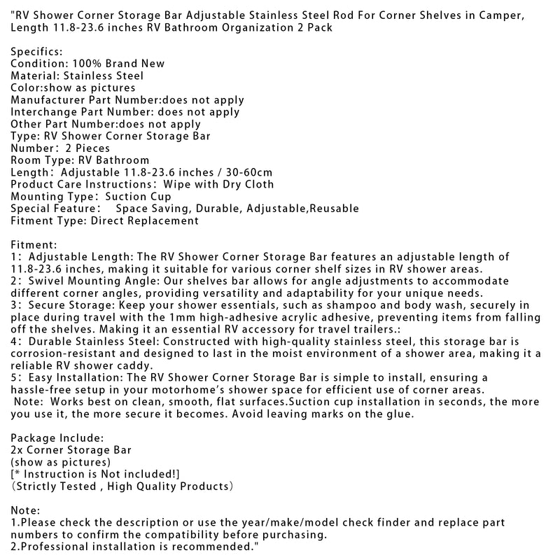 2x RV Shower Corner Storage Bar  Adjustable Stainless Steel Rod 11.8-23.6 inches