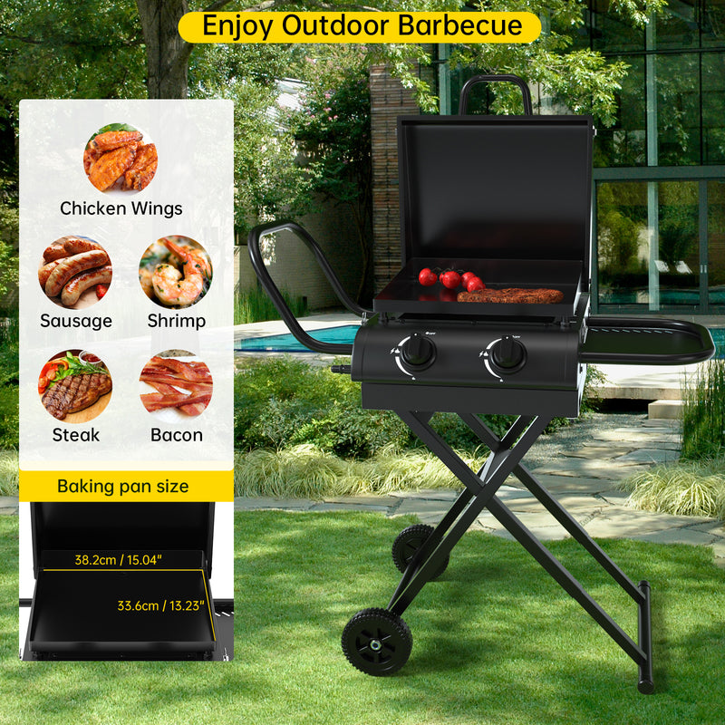 Portable Leg Propane Grill Folding Gas Grill Griddle w/Hood & Side Shelf