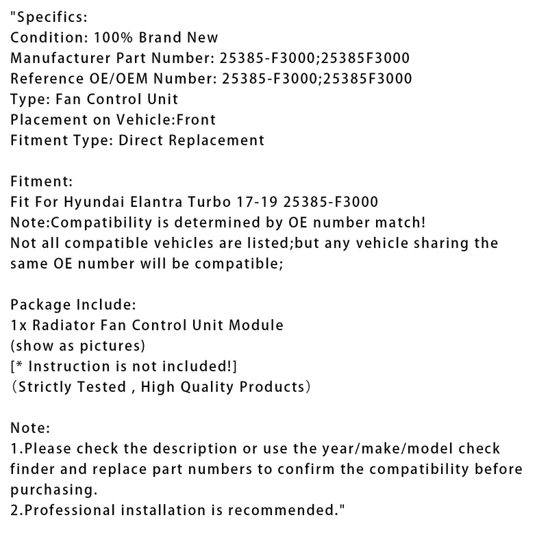 Radiator Fan Control Module For Hyundai Elantra Turbo 2017-2019 25385-F3000