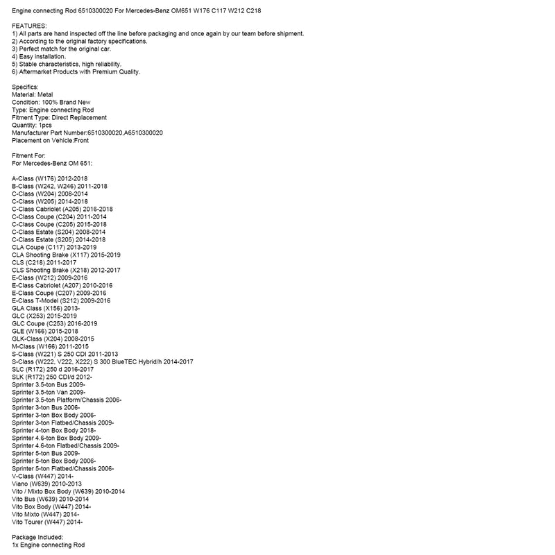 Engine connecting Rod 6510300020 For Mercedes-Benz OM651 W176 C117 W212 C218