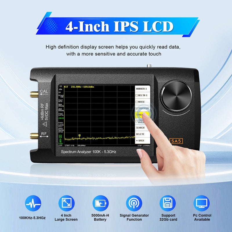 4" IPS LCD SA5 Multifunctionl Spectrum Analyzer 100k-5.3GHz Signal Generator