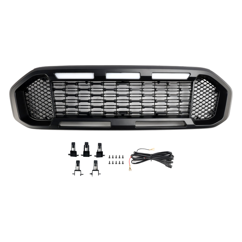 Black Front Bumper Grill Grille Fit Ford Ranger T8 2019-2023 W/LED Light