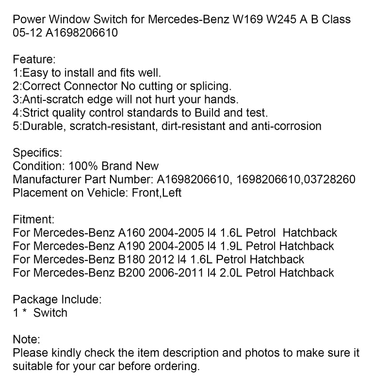 Master Power Window Switch For Mercedes-Benz W169 W245 1698206610
