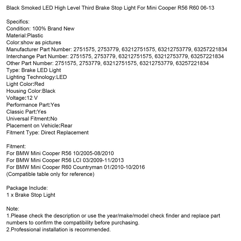 Black Smoked High Level Third Brake Stop Light For Mini Cooper R56 R60 06-13