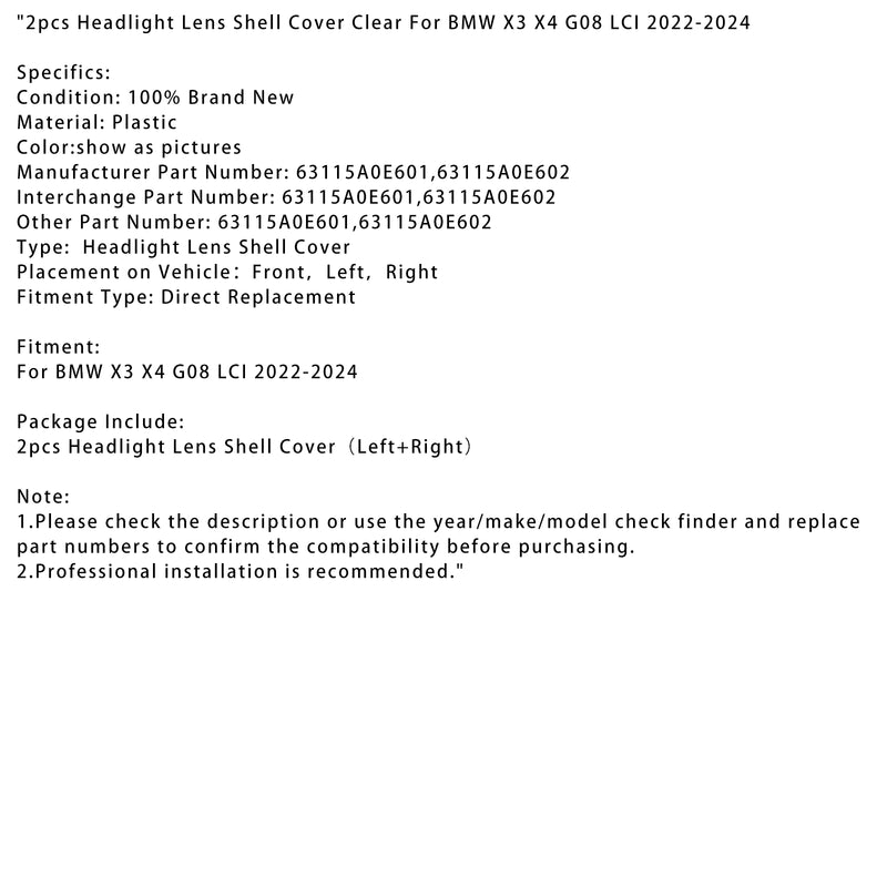 2pcs Headlight Lens Shell Cover Clear For BMW X3 X4 G08 LCI 2022-2024