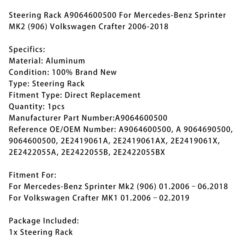 Steering Rack A9064600500 For Mercedes Sprinter MK2 (906) Volkswagen Crafter 06-18