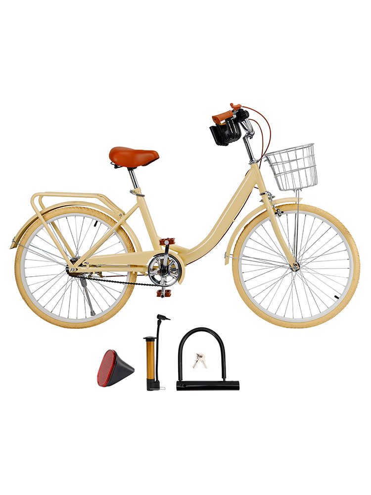 24 inch Women City Bicycle Beach Cruiser Bike with Basket & Rack Yellow