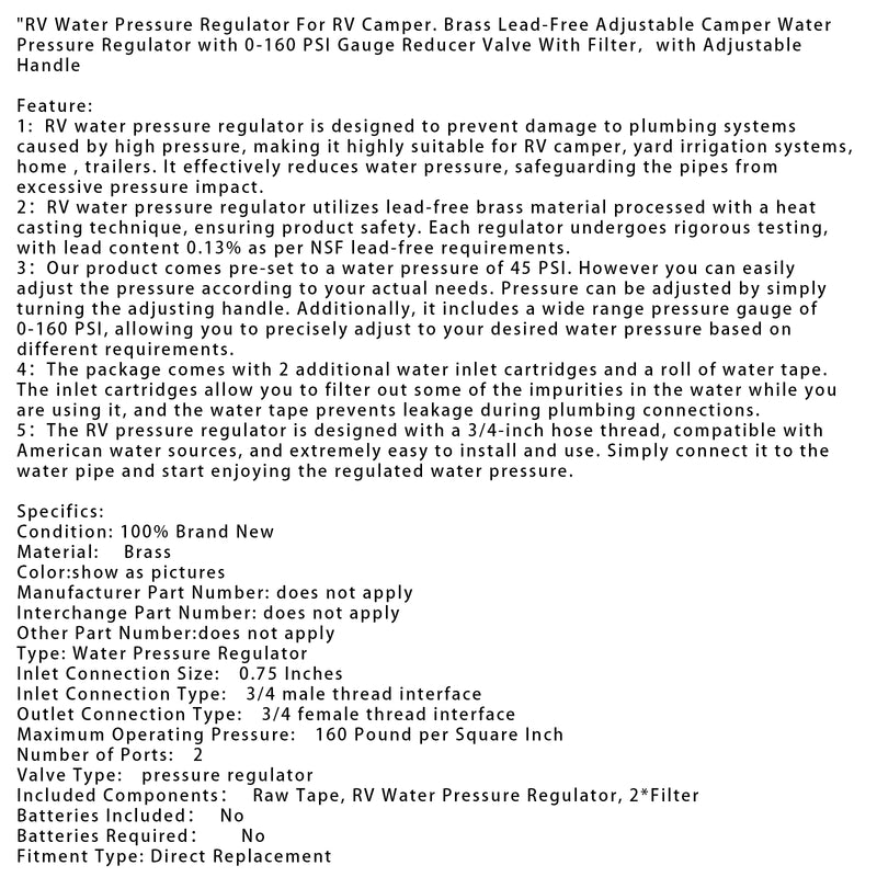 RV Water Pressure Regulator For RV Camper. Brass Lead-Free Adjustable