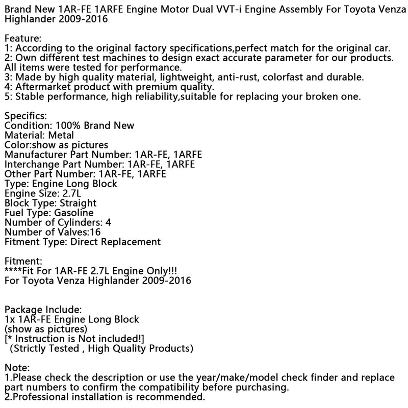 New 1AR-FE 1ARFE Engine Motor Dual VVT-i Engine For Toyota Venza Highlander