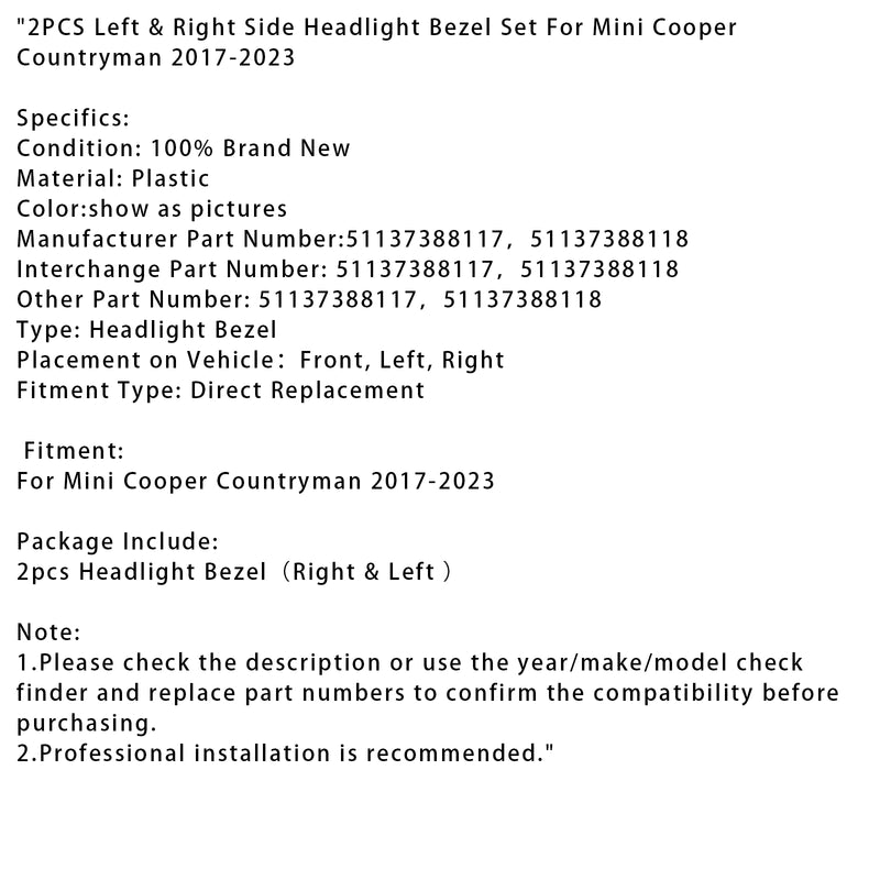 2PCS Left & Right Side Headlight Bezel Set For Mini Cooper Countryman 2017-2023