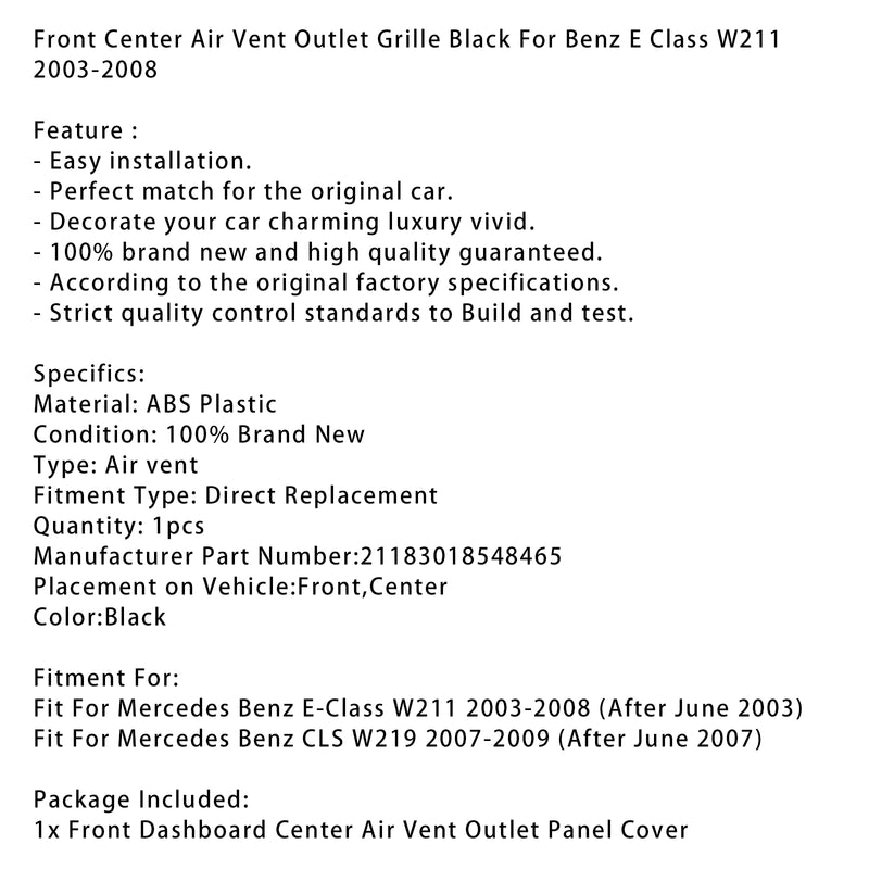 Front Center Air Vent Outlet Grille Black For Benz E Class W211 2003-2008