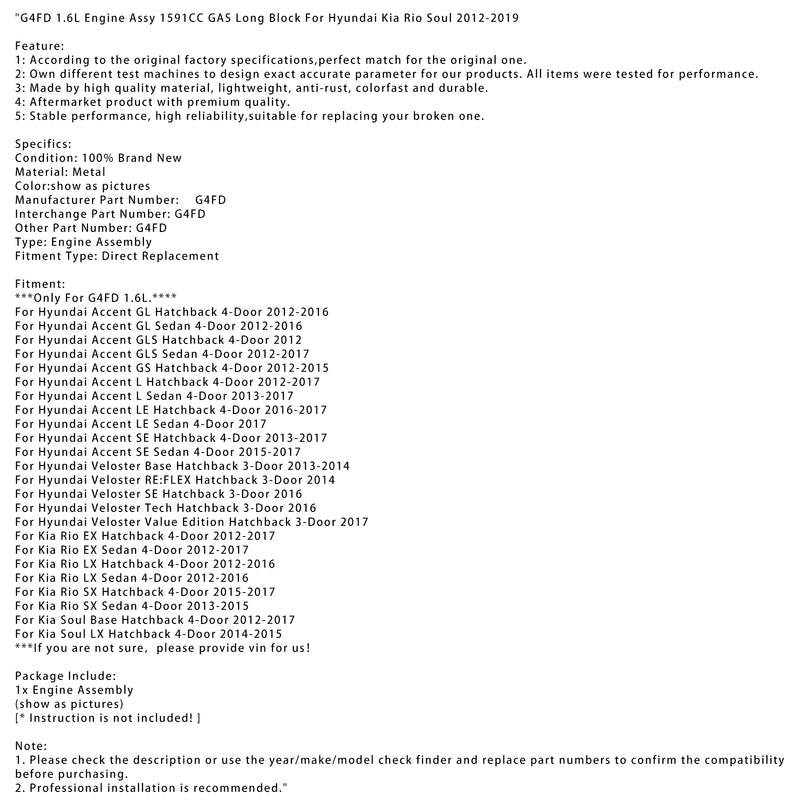 G4FD 1.6L Engine Assy 1591CC GAS Long Block For  Hyundai Veloster  2013-2017