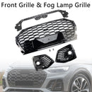 Front Bumper Grille Honeycomb Grill & Fog Light Cover Fit Audi Q5 2021-2025