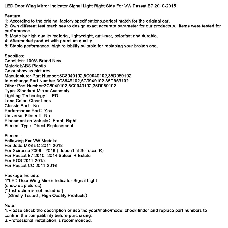 Door Wing Mirror Indicator Signal Light Right Side For VW Passat B7 2010-2015