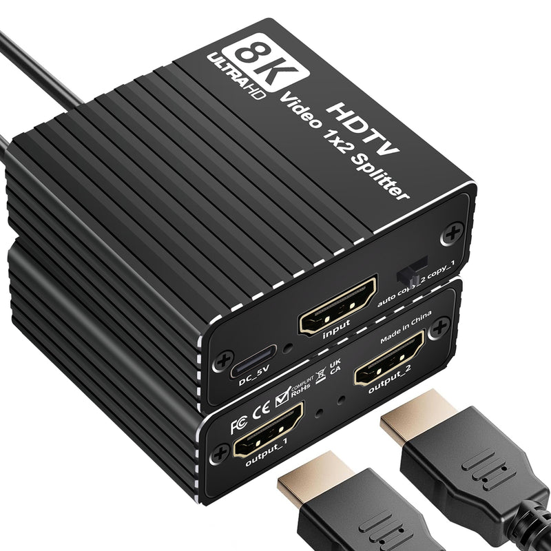 8K HDMI 1 to 2 Splitter HD2.1 8K60hz/4K120hz/1080P240hz w EDID 1 Input 2 Output