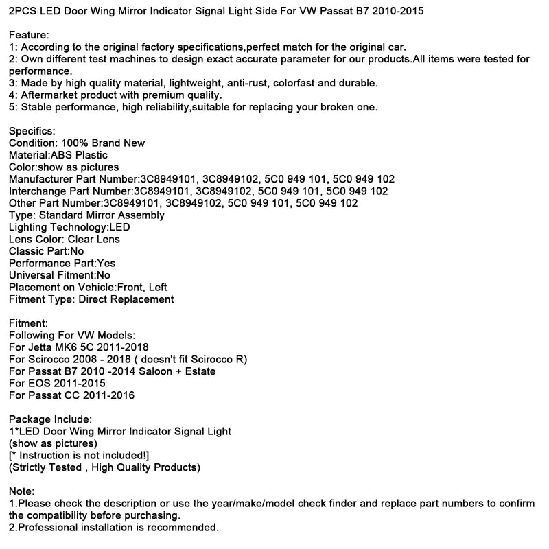 2PCS Door Wing Mirror Indicator Signal Light Side For VW Passat B7 2010-2015