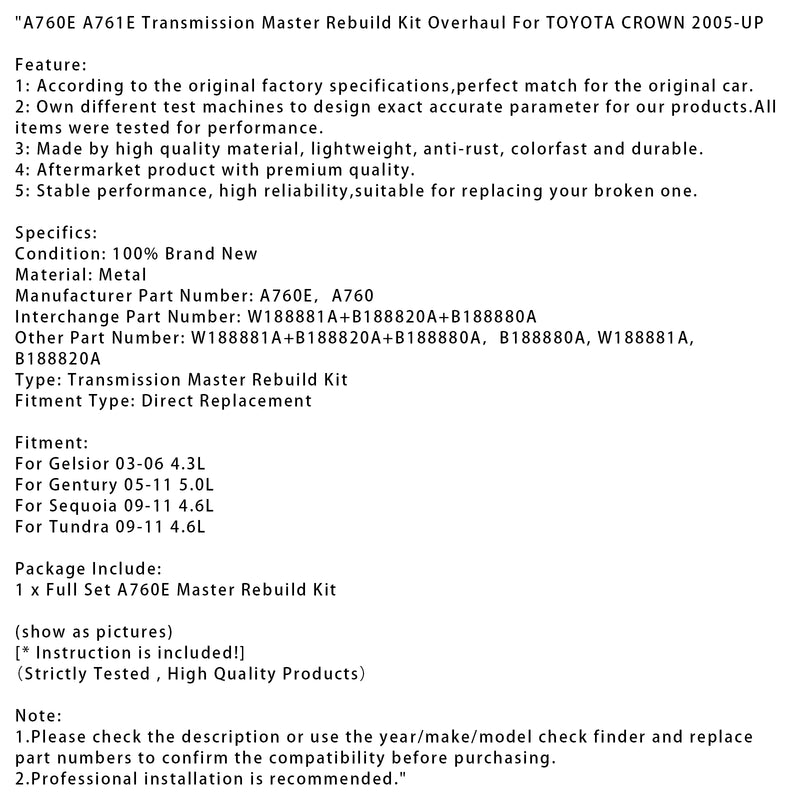A760E A761E Transmission Master Rebuild Kit Overhaul For TOYOTA CROWN 2005-UP