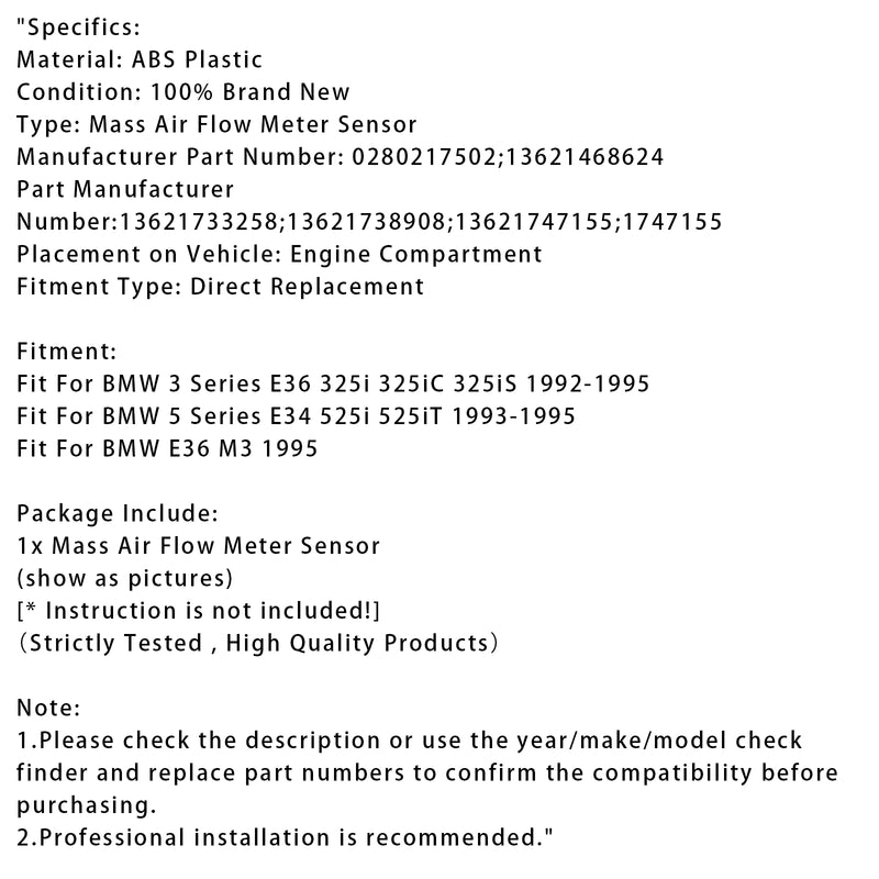 Mass Air Flow Meter Sensor For BMW E34 525i E36 325i M3 0280217502