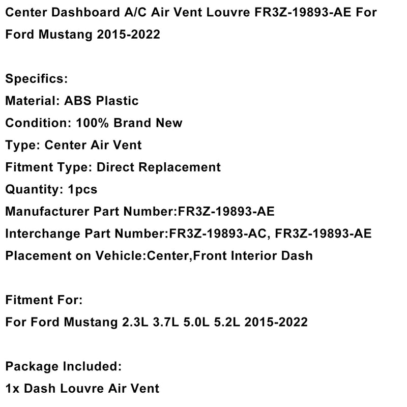 Center Dashboard A/C Air Vent Louvre FR3Z-19893-AE For Ford Mustang 2015-2022