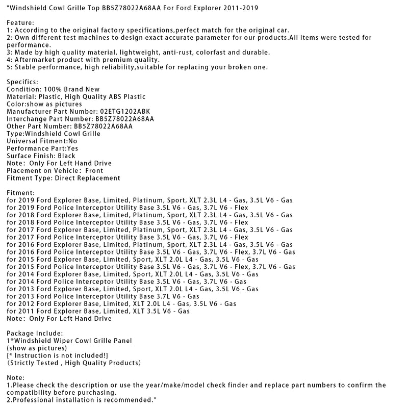 Windshield Cowl Grille Top BB5Z78022A68AA For Ford Explorer 2011-2019
