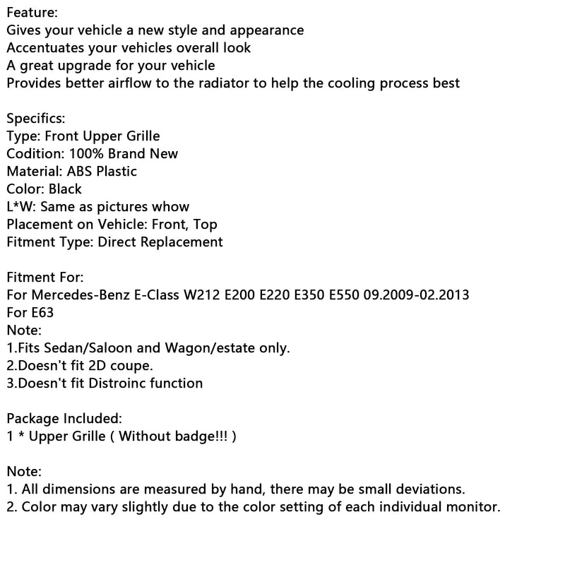 Black Front Grille Grill Fit Mercedes-Benz E Class W212 E350 E550 2010-2013