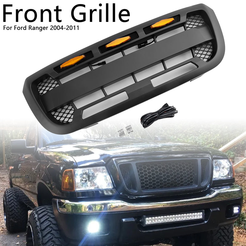 Matt Black Front Bumper Grill Grille Fit Ford Ranger 2004-2011 With LED Light