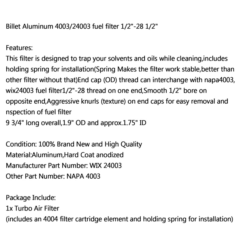 New Billet Aluminum Low Profile Napa 4003 Wix 24003 Fuel Filter 1/2-28