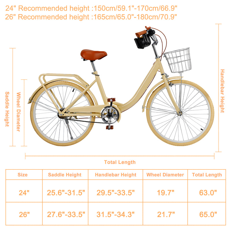 24 inch Women City Bicycle Beach Cruiser Bike with Basket & Rack Yellow
