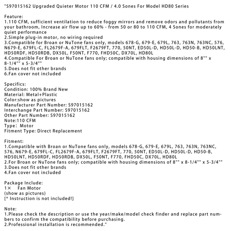 S97015162 Upgraded Quieter Motor 110 CFM / 4.0 Sones For Model HD80 Series