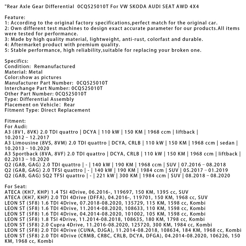 Rear Axle Gear Differential  0CQ525010T For VW SKODA AUDI SEAT AWD 4X4