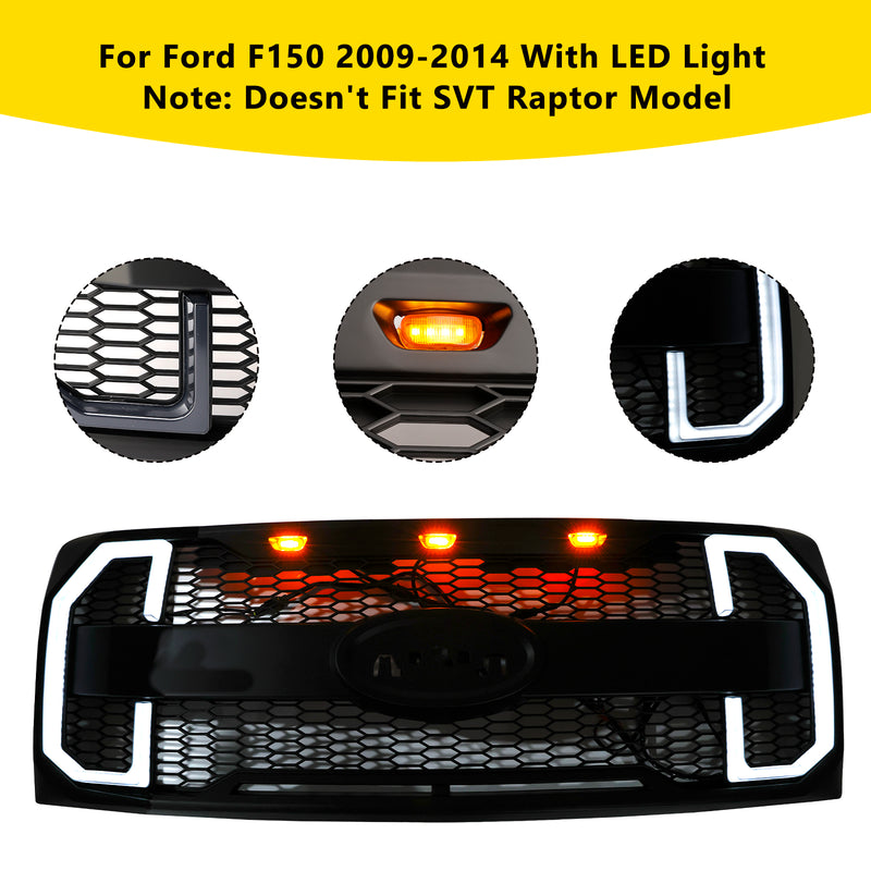 Matte Black Raptor Style Front Bumper Grille Grill Fit Ford F150 2009-2014 W/LED