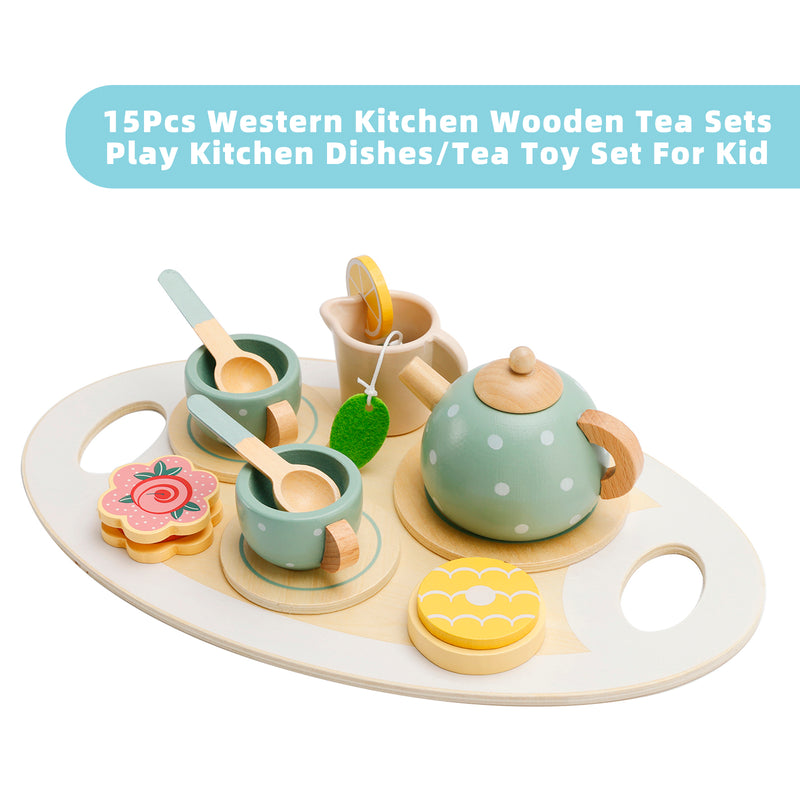 15Pcs Western Kitchen Wooden Tea Sets Play Kitchen Dishes/Tea Toy Set For Kid