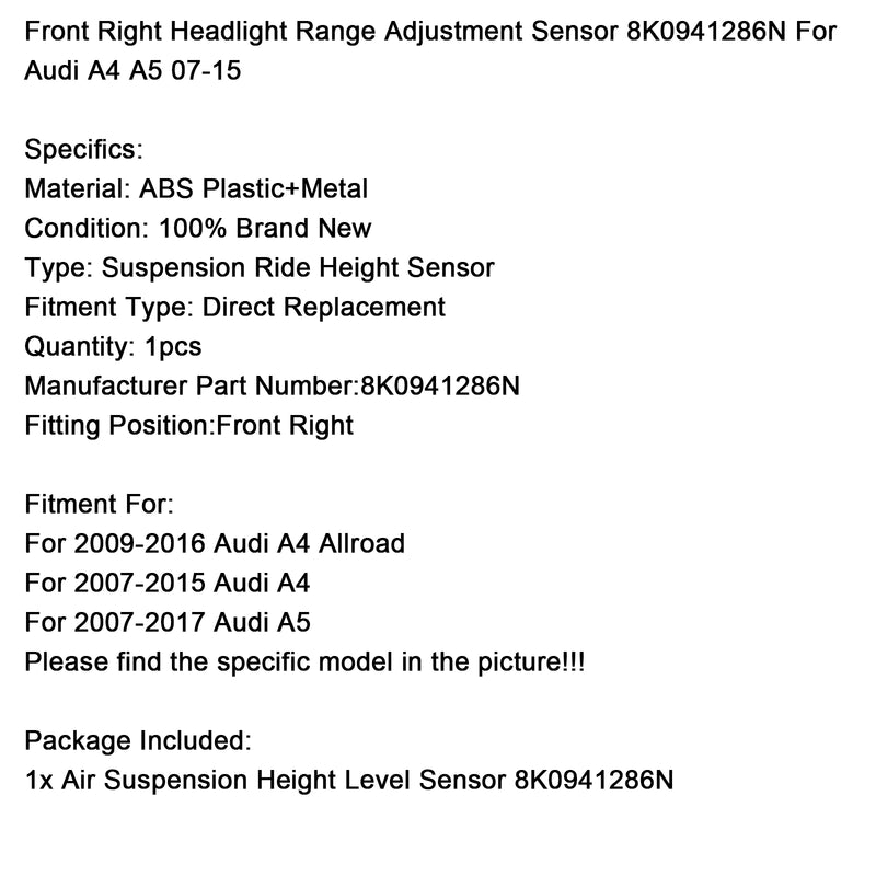 Headlight Range Adjustment Sensor Front Right 8K0941286N For Audi A4 A5 07-15